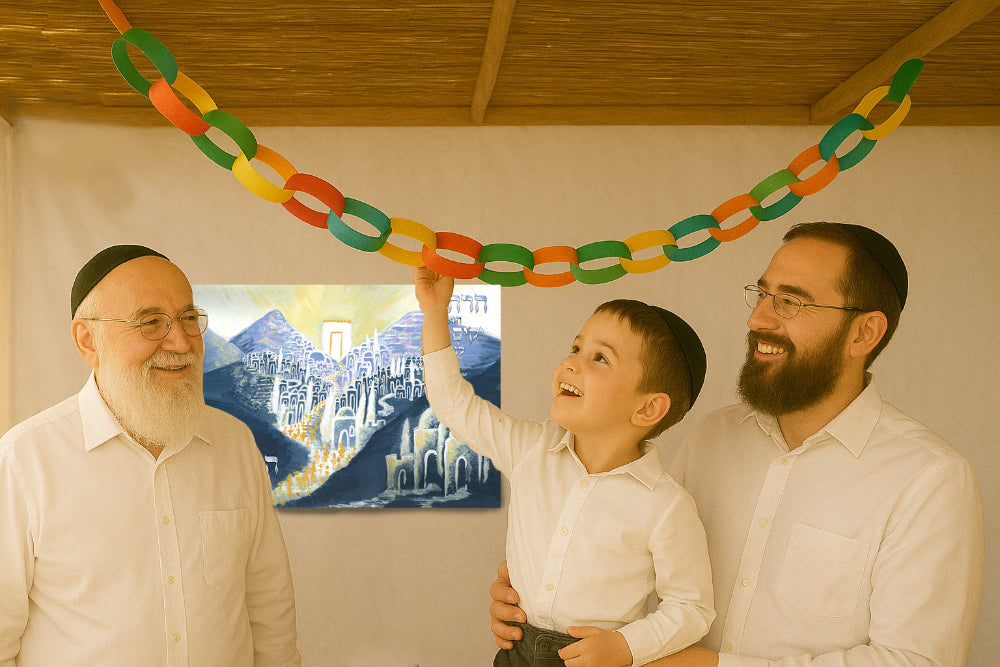 Two men and a child holding a colorful paper chain with a painting of a jerusalem in the background.